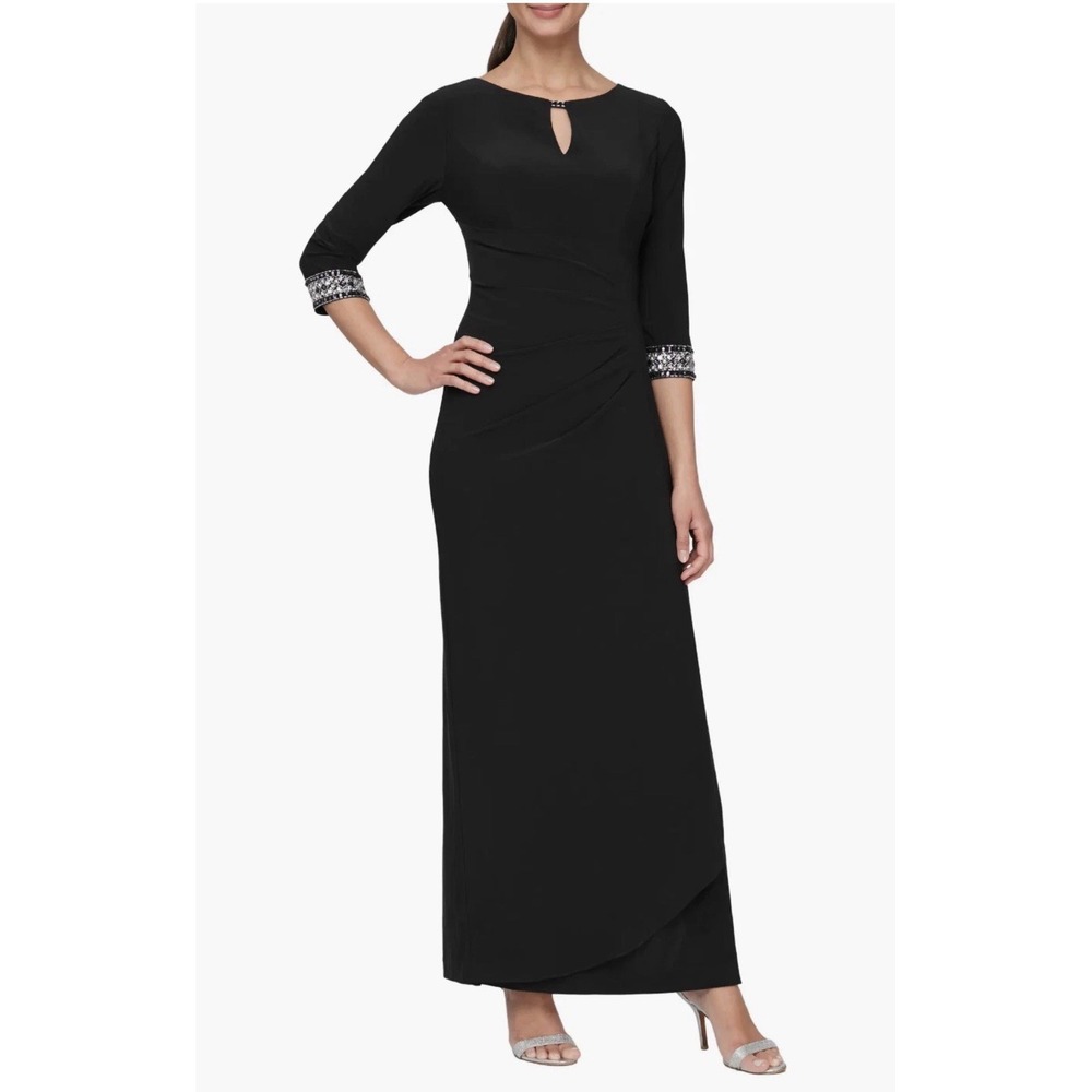 Alex Evenings L48911 Women Black Long A-Line Side Ruched Cascade Dress Size 24W